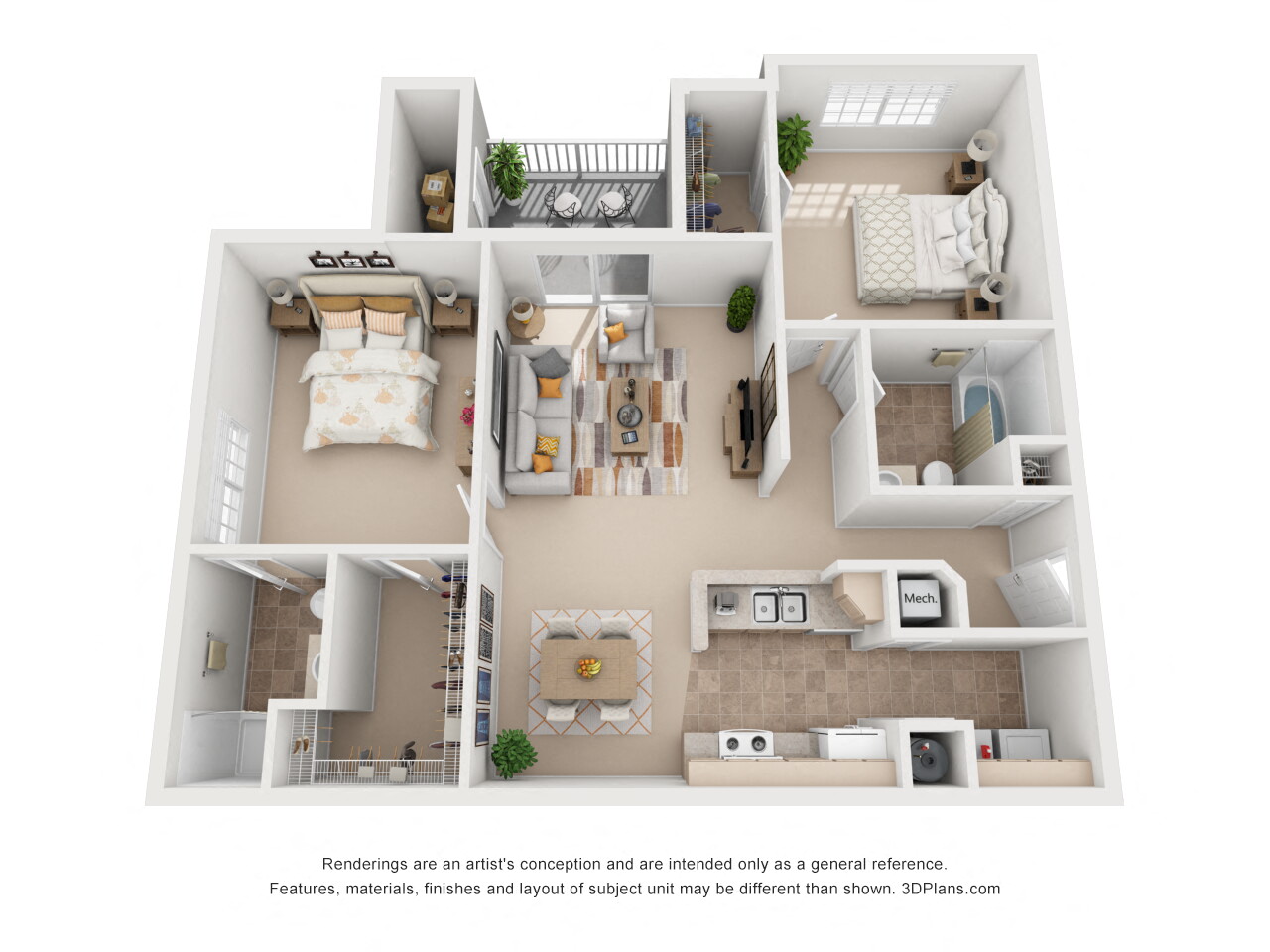 Floor plan for 2 beds, 2 baths, 1188 sqft